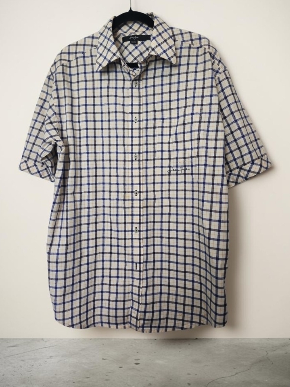 Sean John White and Blue Checked Short Sleeve Button-Down Shirt